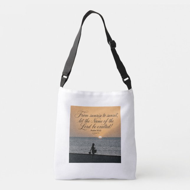 Serene sunset shoulder bag featuring Psalm 113:3 (Back)