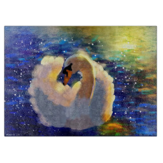 Serene Swan Blue White Cottagecore Lakeside Nature Cutting Board