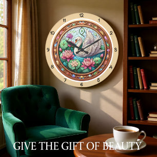 Serene Swan Lotus Stained Glass Large Clock