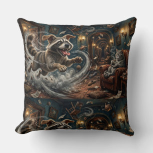 Serene Tea Cat & Whirling Woodland Mischief Cushion