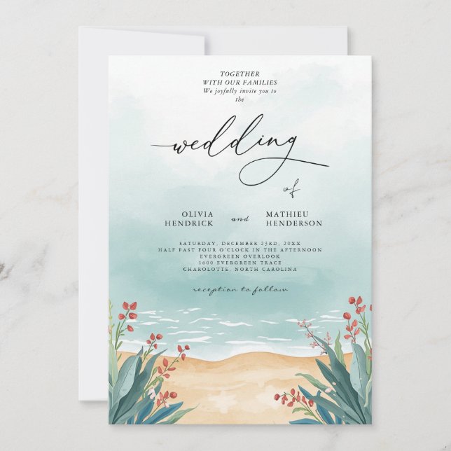 Serene Teal Beach Floral Wedding Invitation (Front)