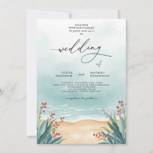 Serene Teal Beach Floral Wedding Invitation