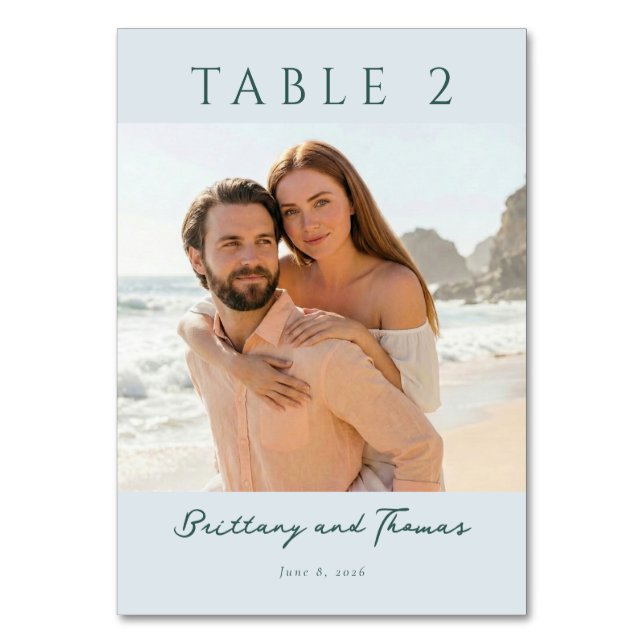 Serene Teal Beach Photo Table Number (Front)