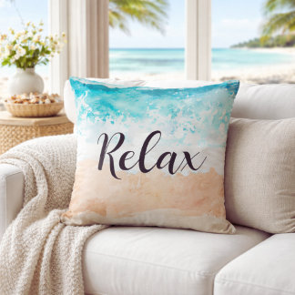 Serene Teal Coastal Ocean Waves Relax Beach Cushion