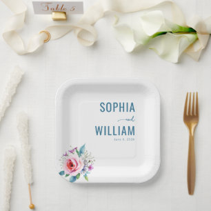 Serene Teal Floral Wedding Paper Plate