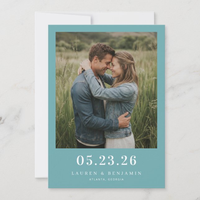 Serene Teal Minimalist Photo Save The Date (Front)