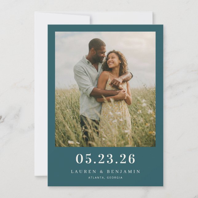 Serene Teal Romantic Photo Save The Date (Front)