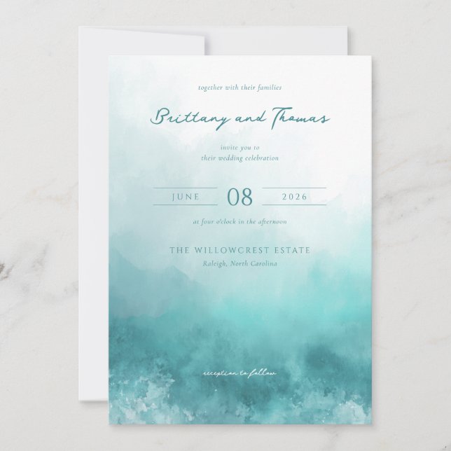 Serene Teal Watercolor Waves Invitation (Front)