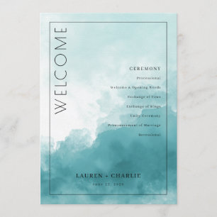 Serene Teal Watercolor Wedding Ceremony Schedule Program