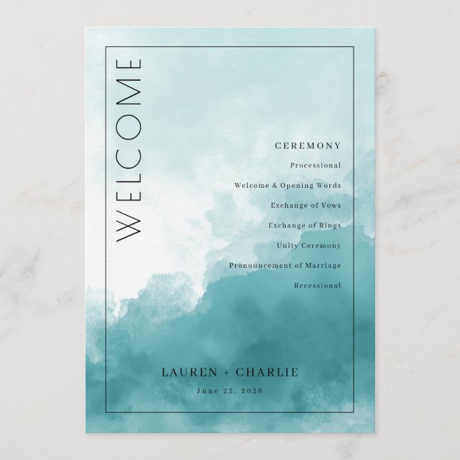 Serene Teal Watercolor Wedding Ceremony Schedule Program (Front)