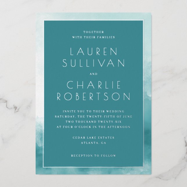 Serene Teal Watercolor Wedding Invitation (Front)