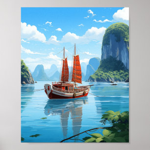 Serene Traditional Junk Boat in Vietnam's Emerald Poster
