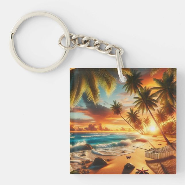 Serene Tropical Sunset Beach Painting Key Ring (Front)