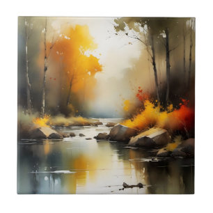 Serene vibrant Autumn river landscape painting Ceramic Tile