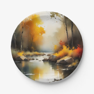 Serene vibrant Autumn river landscape painting Paper Plate