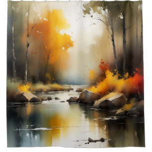 Serene vibrant Autumn river landscape painting Shower Curtain