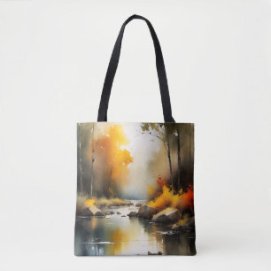 Serene vibrant Autumn river landscape painting Tote Bag
