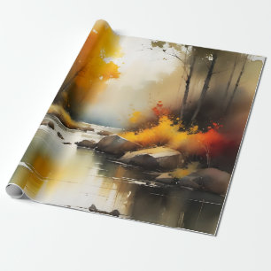 Serene vibrant Autumn river landscape painting Wrapping Paper