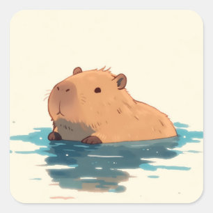 Serene Wading Capybara Illustration Square Sticker