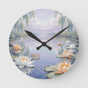 Serene Water Lilies Pond Weeping Willows Round Clock
