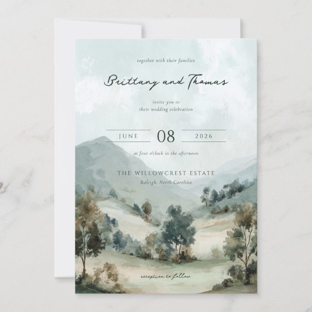 Serene Watercolor Landscape Wedding Invitation (Front)