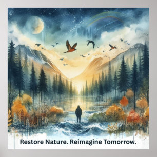 Serene Watercolor Nature Landscape with Hawks Art Poster