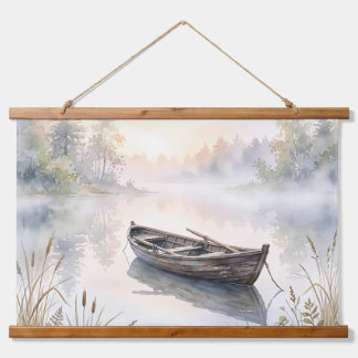 Serene Watercolor Rowboat on Misty Lake at Sunrise Hanging Tapestry