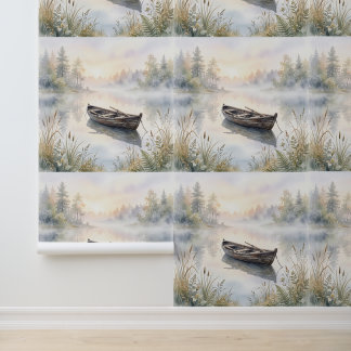 Serene Watercolor Rowboat on Misty Lake at Sunrise Wallpaper
