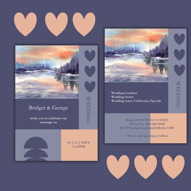 Serene Watercolor Sunset Lake Modern Grid Wedding Invitation (Creator Uploaded)