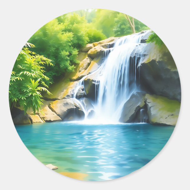 Serene Waterfall Cascading  Classic Round Sticker (Front)