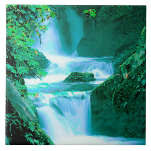 Serene Waterfall in Blue and Green Ceramic Tile