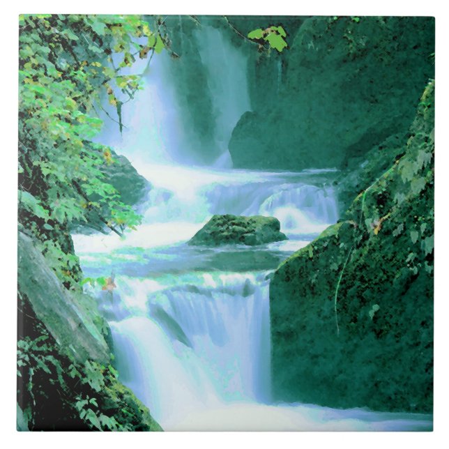 Serene Waterfall in Blue and Green Ceramic Tile (Front)