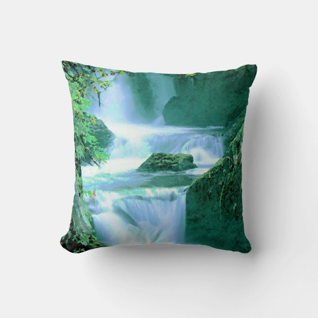 Serene Waterfall in Blue and Green Cushion (Front)