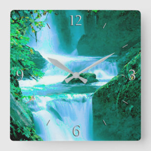 Serene Waterfall in Blue and Green Square Wall Clock