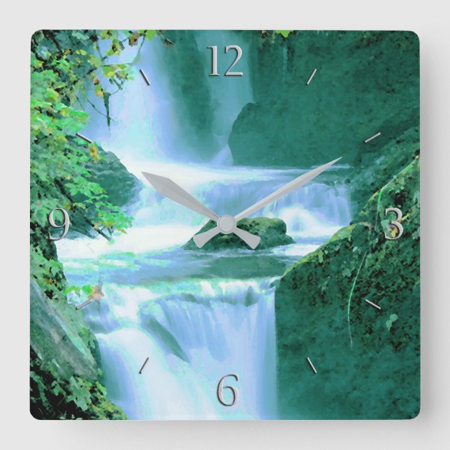 Serene Waterfall in Blue and Green Square Wall Clock (Front)
