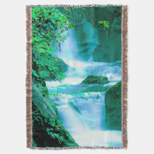 Serene Waterfall in Blue and Green Throw Blanket