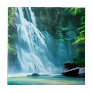 Serene Waterfall in Pale Blue and Green Ceramic Tile