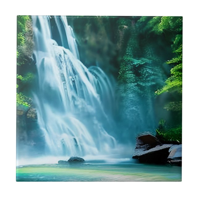 Serene Waterfall in Pale Blue and Green  Ceramic Tile (Front)