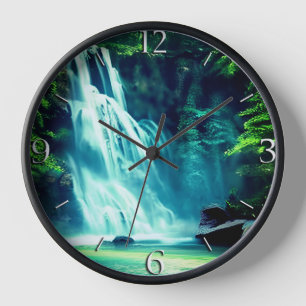 Serene Waterfall in Pale Blue and Green Clock