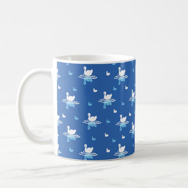 Serene Waters - Playful Swan Lake Pattern Design Coffee Mug (Left)