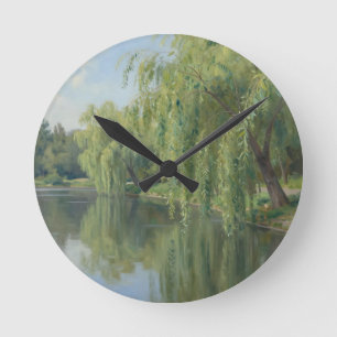 Serene Weeping Willow Pond Landscape Round Clock