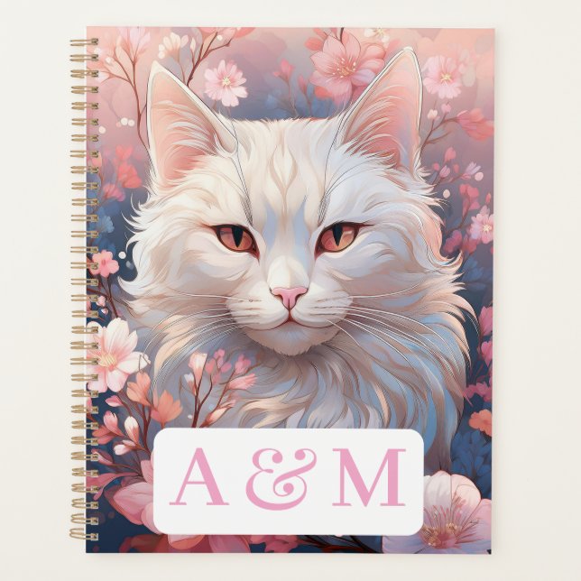 Serene White Cat Planner with Dual Monogram (Front)
