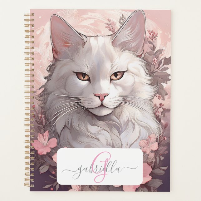 Serene White Cat Planner with Name & Monogram (Front)