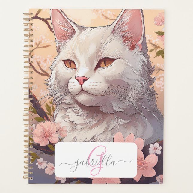 Serene White Cat Planner with Name & Monogram (Front)