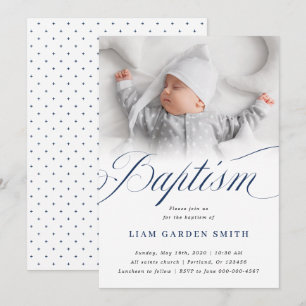 Serene White Script Baptism Photo Design Invitation