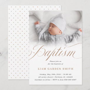 Serene White Taupe Baptism Photo Design Invitation
