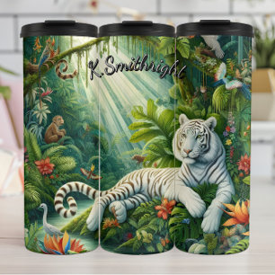 Serene White Tiger and Flowers Thermal Tumbler