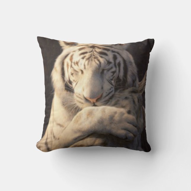 Serene White Tiger Throw Pillow – Gentle Elegance (Front)
