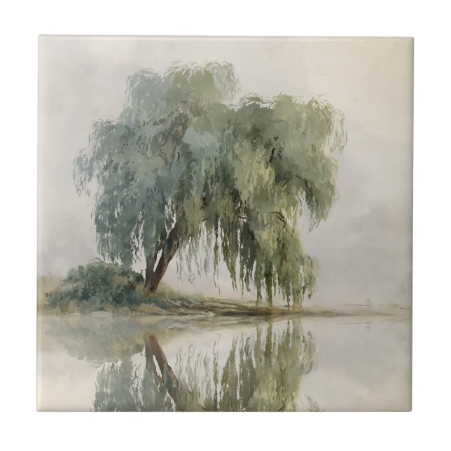 Serene Willow Tree Reflection Nature Art (10) Ceramic Tile (Front)