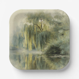 Serene Willow Tree Reflection Nature Art (10) Paper Plate